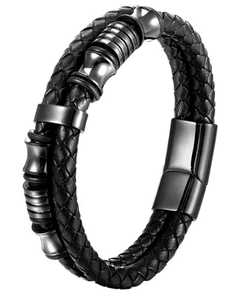 Detail of black double-layered braided leather bracelet with magnetic stainless steel clasp