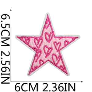 Detailed pink star embroidered patch with heart patterns and dimensions 6.5 x 6cm