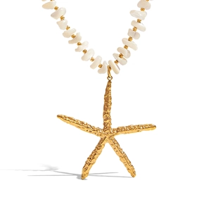 Starfish Pendant Necklace 18K Gold Plated Stainless Steel Hammered Texture White Stone Beads Summer Beach Jewelry For Women