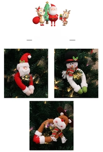 Detailed view of plush Santa, Snowman, and Reindeer Christmas curtain tieback decorations