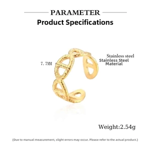 Detailed view of golden 7.7mm wide woven texture stainless steel ring with parameters