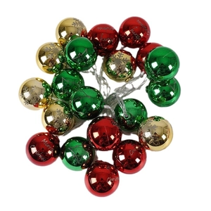 LED Christmas string lights with red green gold balls and Merry Christmas snowflake pattern