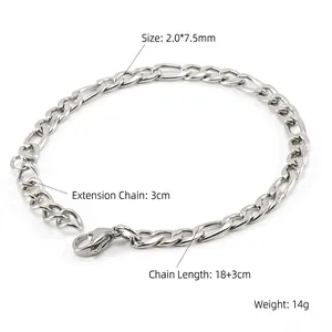 Detailed view of silver stainless steel Figaro chain with dimensions 2.0x7.5mm and lobster clasp