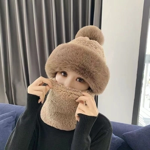 Women's winter warm plush knitted hat with ear protection and matching neck gaiter set