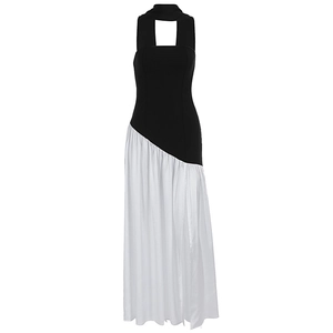 Slim fit backless maxi dress with chic black halter top and draped white pleated skirt