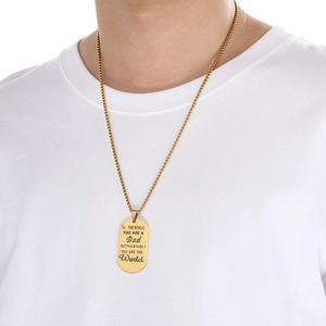 Golden Dad military dog tag pendant with engraved Father's Day message on male model