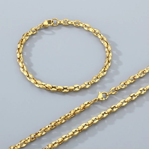 Detail view of gold-plated coffee bean link necklace and bracelet set with lobster clasp
