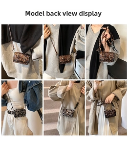 Detail showing mini crossbody bag with leopard print and vintage buckles in various outfits