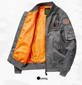 Detail of grey bomber jacket showing classic orange lining and arm utility pocket