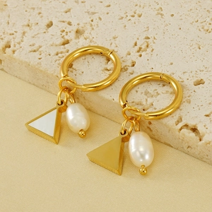 Elegant 18K gold-plated stainless steel earrings with natural pearls and shell pendants