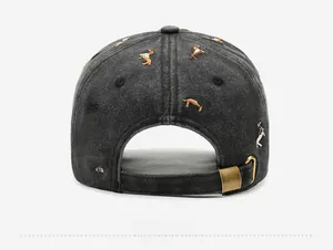 Rear view of washed grey cotton baseball cap with dog embroidery and brass buckle