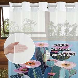 Detail of sheer cactus flower curtain fabric showing light filtering and privacy features