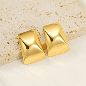 Polished 18k gold stainless steel rectangular stud earrings on elegant beige stone