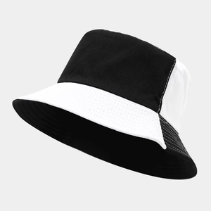 Fashionable black and white contrast bucket hat with visible white stitching for unisex