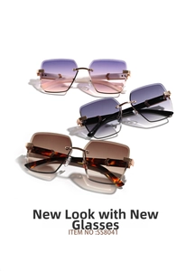 Detail view of rimless square sunglasses with diamond-cut lenses and gold metal temples