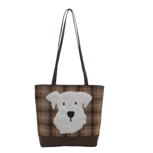 Brown plaid tote bag with plush dog patch and dark brown straps for women
