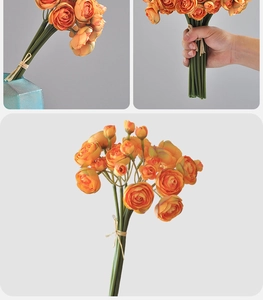 Detailed views of orange artificial Ranunculus bouquet for wedding decor and home styling