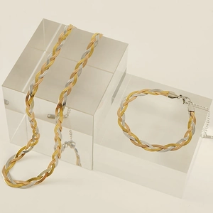 Three-tone braided titanium steel necklace and bracelet set with adjustable lobster clasp