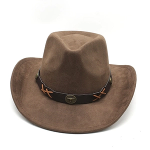 Classic dark brown faux suede western cowboy hat with cattle horn metal emblem buckle