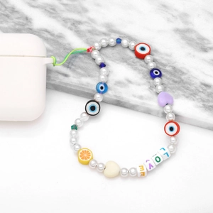 Colorful beaded phone strap with LOVE letters, pearls, and devil eye charm for accessories