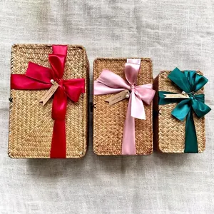 Handmade woven seagrass gift boxes set of 3 with colorful satin ribbons and thank you tags