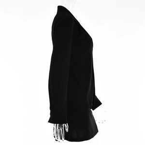 Side view of fitted black long-sleeved cardigan top on a ghost mannequin