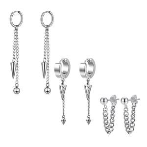 Set of 3 pairs of silver stainless steel earrings with tassels, chains, and rings