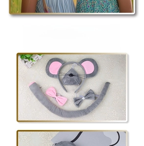 Detail of grey plush mouse ear headband set with nose, bow ties, and long tail accessories