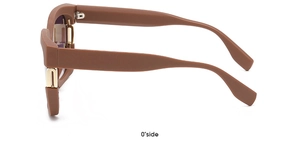 Side view of square sunglasses with dark brown frames and golden metal hinge details
