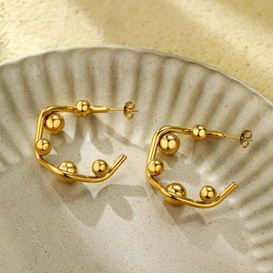 Minimalist gold geometric C-shaped stainless steel hoop earrings with metallic beads