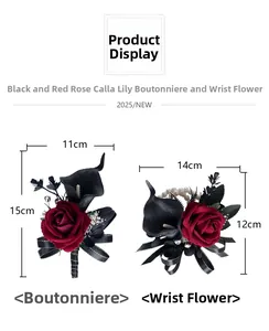 Ensemble corsage et bracelet de rose rouge foncé et calla noir avec dimensions