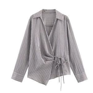 Women Striped Long Sleeve Blouse V Neck Tie Side Knot Fashion Elegant Asymmetric Hem Polyester Top Casual Shirt Clothes