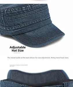 Detail of adjustable metal buckle and stitching on washed denim cadet army hat