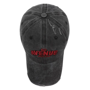 Vintage washed dark grey denim baseball cap with red Avenue embroidery and distressed holes