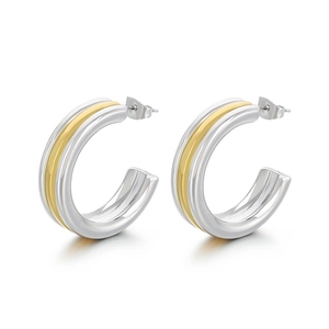 Boucles d'oreilles créoles bicolores en forme de C en acier inoxydable doré et argenté