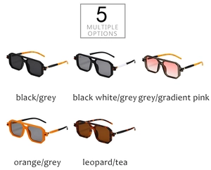 Five assorted colors of double-bridge square sunglasses on a white background