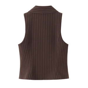 Back view of a vintage dark brown pinstripe sleeveless vest for women on white background