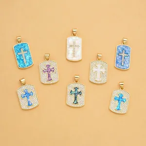 Set of eight gold-plated hip hop cross pendants with opal and zircon in various colors