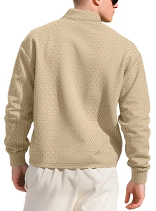 Close-up back view of men's polo shirt featuring 3D geometric knit texture in beige