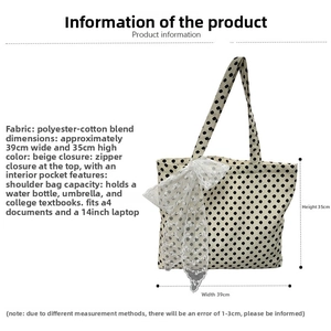 Detail view of polka dot canvas tote with lace bow showing 39x35cm dimensions