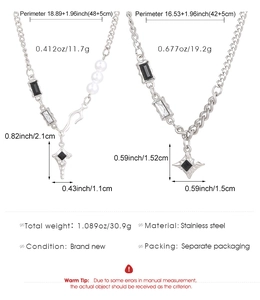 Detail view of double-layer stainless steel necklaces with pearls and star pendants