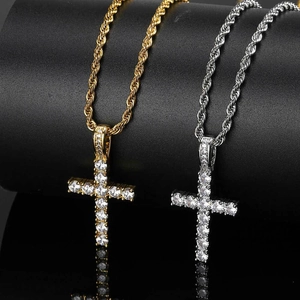 Hip Hop Small Solid Cross Pendant Necklace Micro Inlaid Zircon Copper Real Gold Plated Twist Rope Chain Trendy Jewelry For Men Women