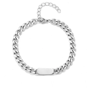 Sleek silver titanium steel Cuban link bracelet with blank rectangular ID tag and lobster clasp