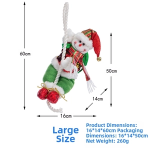 Detailed dimensions of climbing snowman plush ornament with red sequin boots and bell