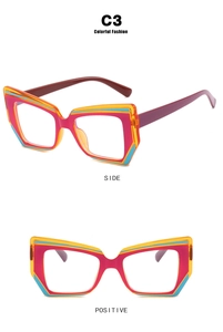 Dettaglio montatura geometrica cat-eye in acetato a strati colorati con finitura C3