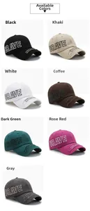 Detail showing seven colors of cotton baseball caps with side BRAVE embroidery and worn brim