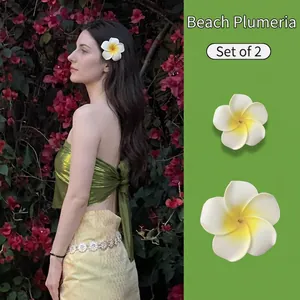 Set of 2 plumeria flower hair clips with realistic white and yellow gradient design
