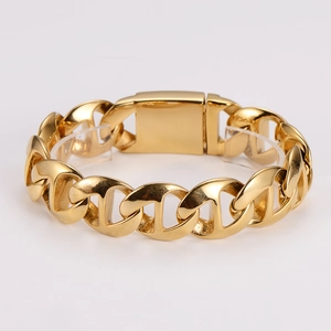 Detailed view of heavy gold-plated stainless steel chain bracelet with box clasp closure