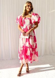 Detail of pink floral print dress with off-shoulder puff sleeves and elastic bodice