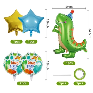 Detailed set of dinosaur foil balloons with stars and Happy Dino Birthday accessories